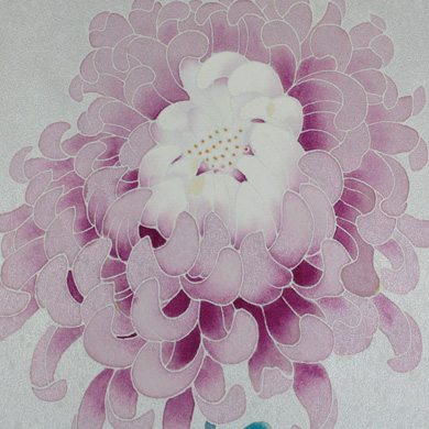 ピンクと白の花びらを重ねた大輪の菊の花を、色修正加工の技法と繊細な胡粉のアクセントで引き立て、明るい背景に配した詳細なイラスト。.